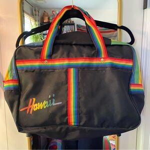 Vintage 1980s Rainbow Black Nylon Hawaii Tote Overnight Travel Bag